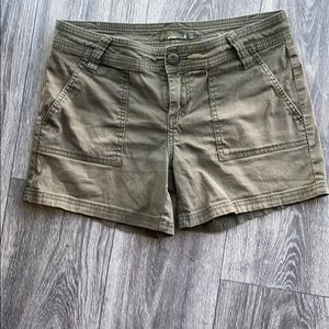 PRANA green denim shorts, size 6